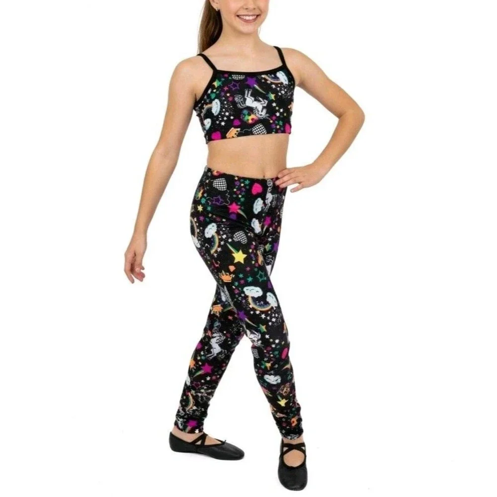 Duck Crossing VTG 90s Girls Neon Unicorn Party Dance Legging & Top Set Size L